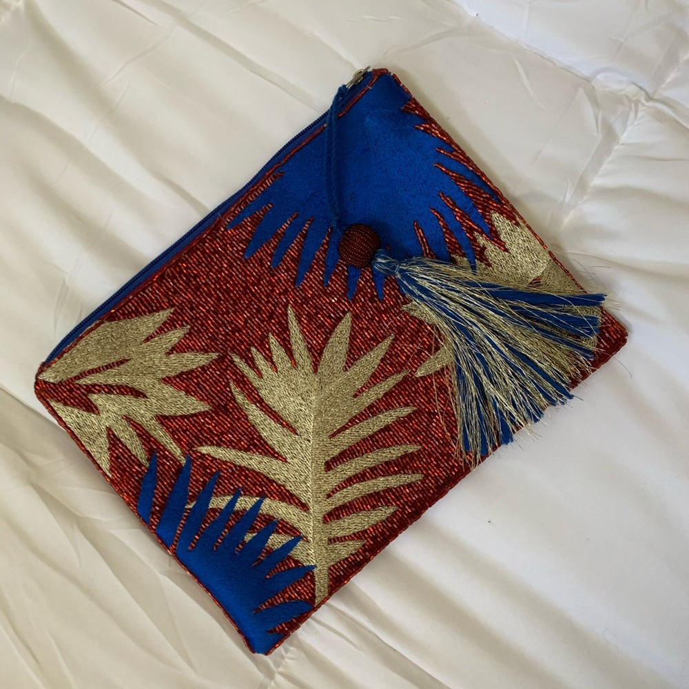 Embroidered metallic clutch